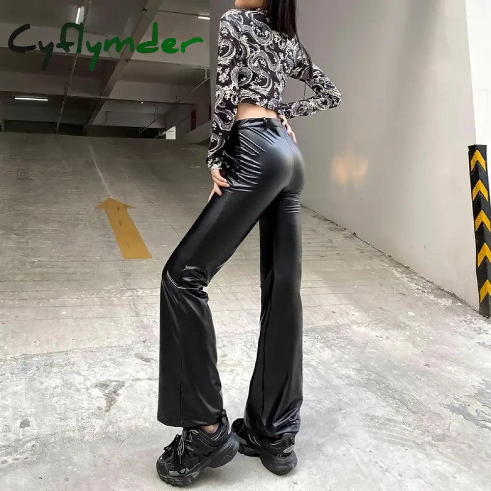 Cyflymder leather pants outfits winter Women’s Y2K Slim Fit Solid Flare Pu Leather Long Pants Button High Waist Elastic