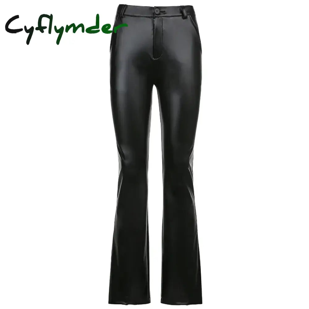 Cyflymder leather pants outfits winter Women’s Y2K Slim Fit Solid Flare Pu Leather Long Pants Button High Waist Elastic