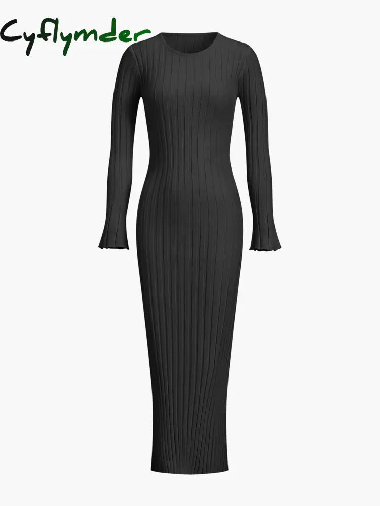 Cyflymder - Leisure Tied Rib Long Dress Black / Xs Sweater Dresses