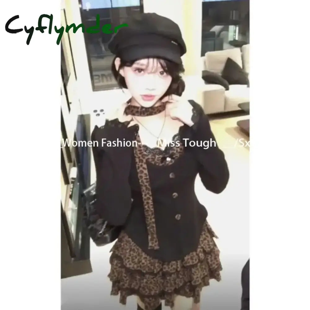 Cyflymder Leopard Vintage Suits Women Design Elegant Y2k Thin Sweater Pullover + Mini Skirts Casual 2000s Clothing 2