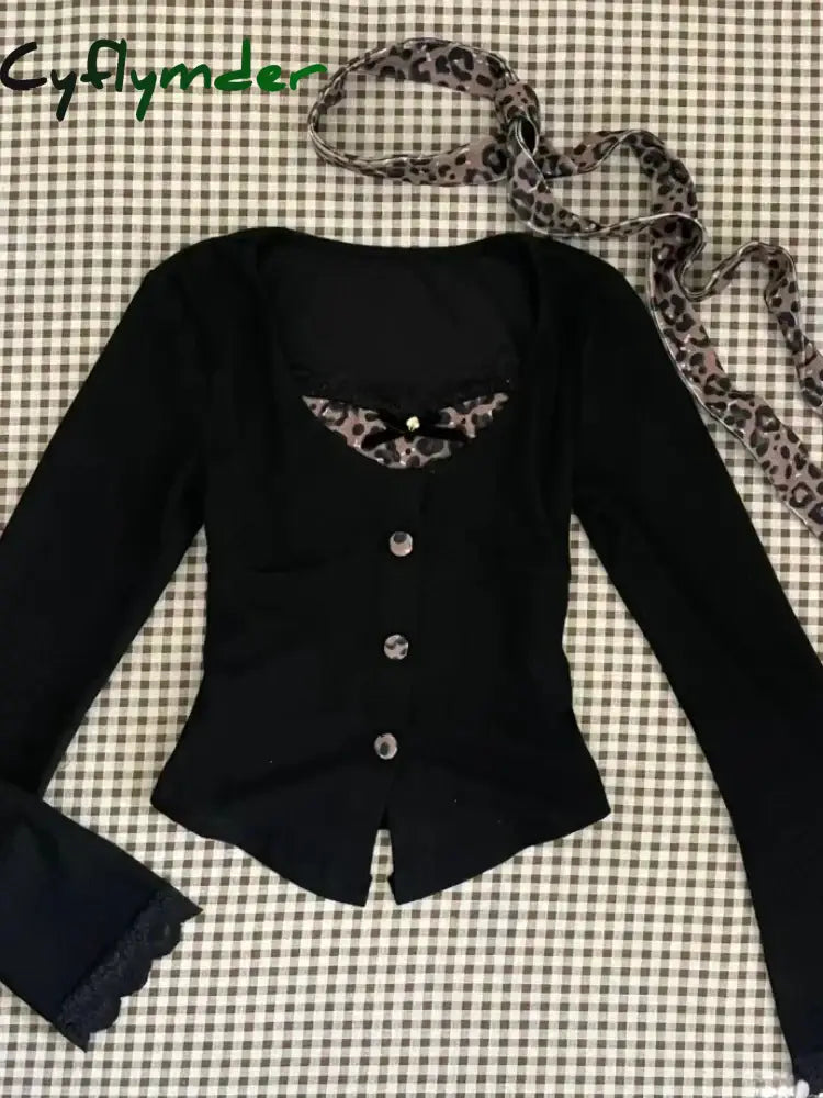 Cyflymder Leopard Vintage Suits Women Design Elegant Y2k Thin Sweater Pullover + Mini Skirts Casual 2000s Clothing 2