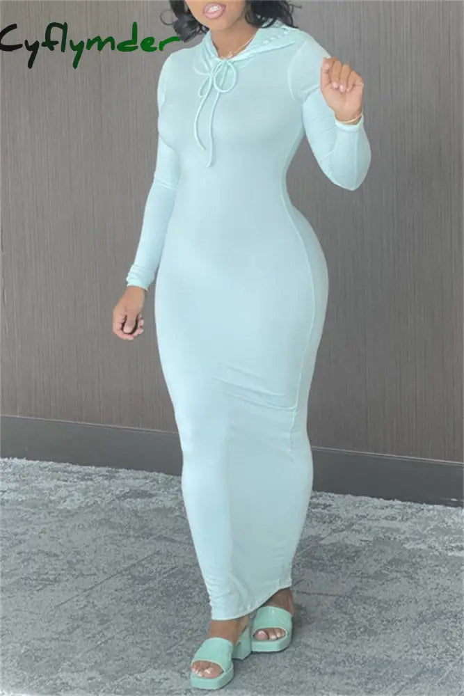 Cyflymder - Light Green Fashion Casual Solid Basic Hooded Collar Long Sleeve Dresses