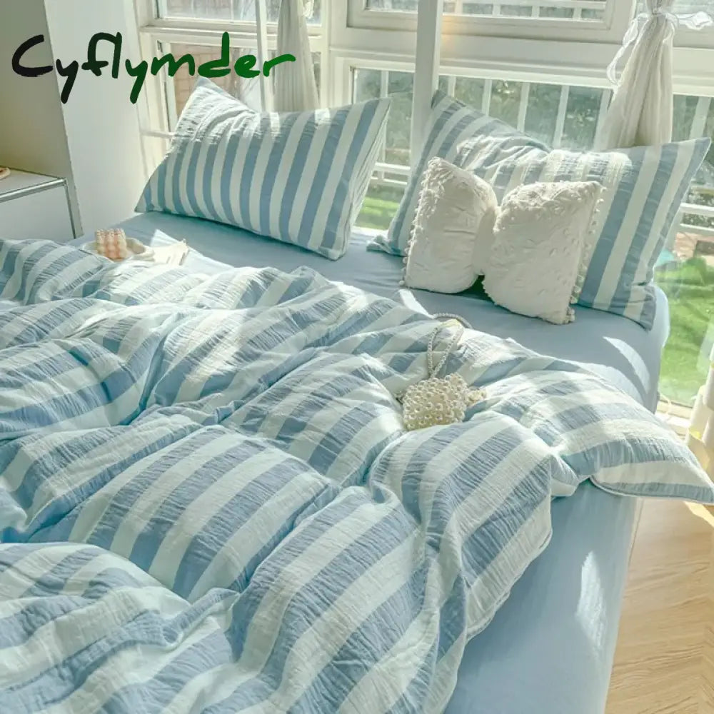 Cyflymder Lightweight Hotel Luxury Duvet Cover 4Pcs Blue White Vertical Stripes Ultra Soft Breathable Comforter Cover