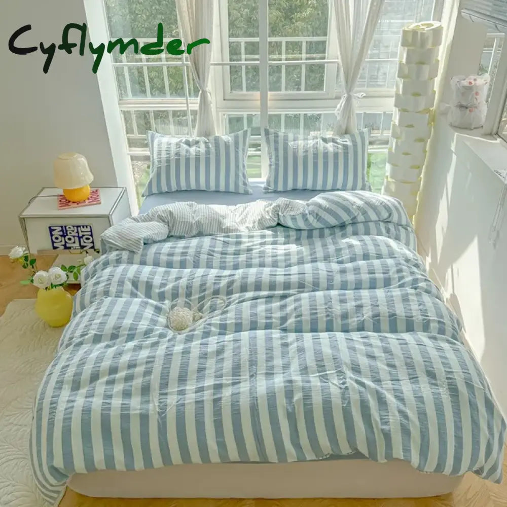 Lightweight Hotel Luxury Duvet Cover 4Pcs Blue White Vertical Stripes Ultra Soft Breathable Comforter Cover Bed Sheet Pillowcase