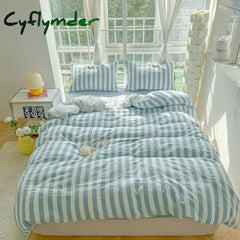 Lightweight Hotel Luxury Duvet Cover 4Pcs Blue White Vertical Stripes Ultra Soft Breathable Comforter Cover Bed Sheet Pillowcase