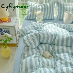 Cyflymder Lightweight Hotel Luxury Duvet Cover 4Pcs Blue White Vertical Stripes Ultra Soft Breathable Comforter Cover