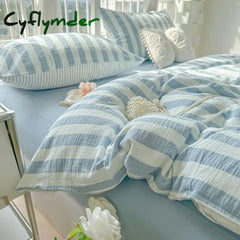 Cyflymder Lightweight Hotel Luxury Duvet Cover 4Pcs Blue White Vertical Stripes Ultra Soft Breathable Comforter Cover