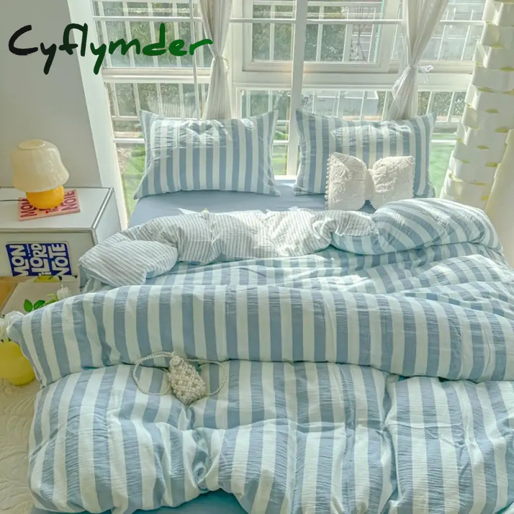 Cyflymder Lightweight Hotel Luxury Duvet Cover 4Pcs Blue White Vertical Stripes Ultra Soft Breathable Comforter Cover