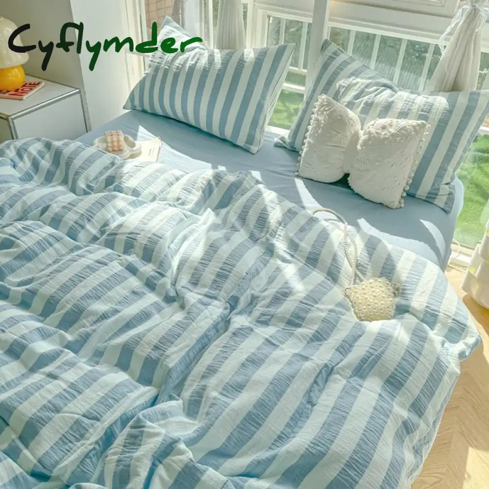 Cyflymder Lightweight Hotel Luxury Duvet Cover 4Pcs Blue White Vertical Stripes Ultra Soft Breathable Comforter Cover