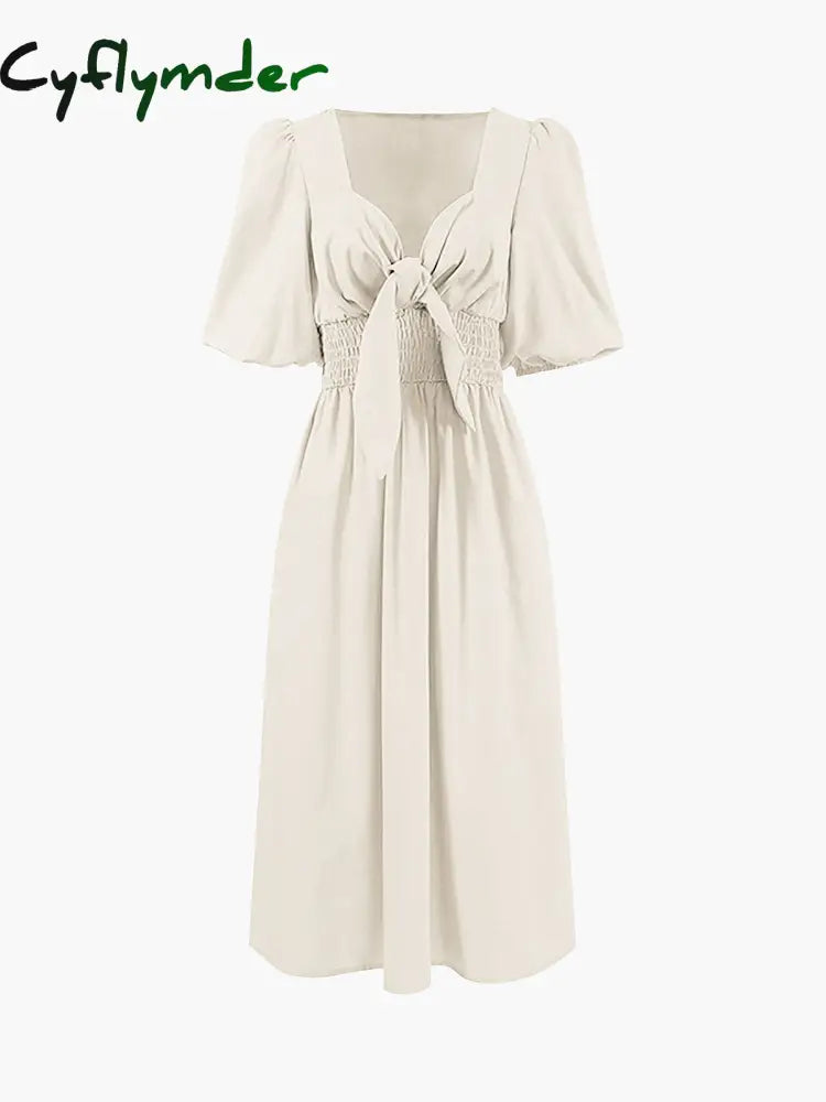 Cyflymder - Linen Cotton Front Tie Midi Dress Apricot / Xs Dresses