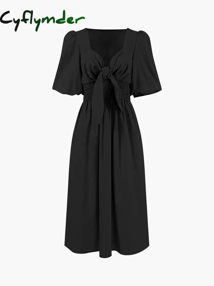 Cyflymder - Linen Cotton Front Tie Midi Dress Black / Xs Dresses