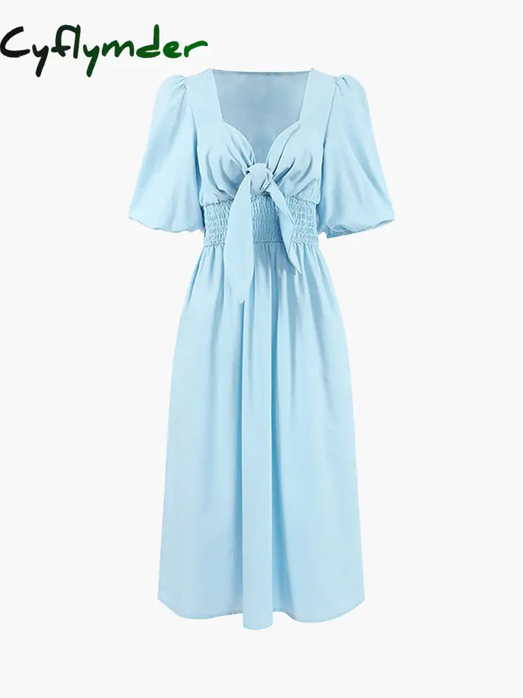 Cyflymder - Linen Cotton Front Tie Midi Dress Dresses