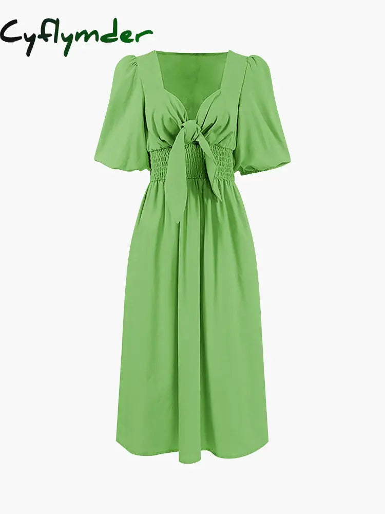 Cyflymder - Linen Cotton Front Tie Midi Dress Green / Xs Dresses