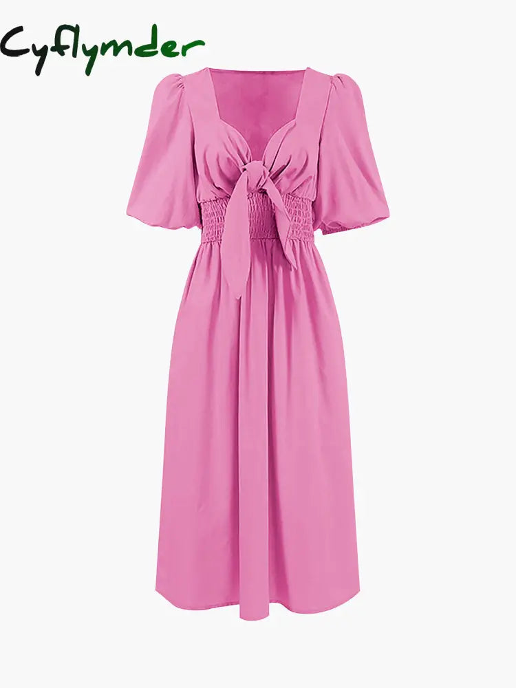 Cyflymder - Linen Cotton Front Tie Midi Dress Pink / Xs Dresses