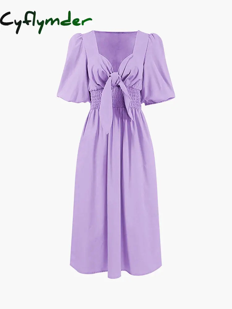 Cyflymder - Linen Cotton Front Tie Midi Dress Purple / Xs Dresses