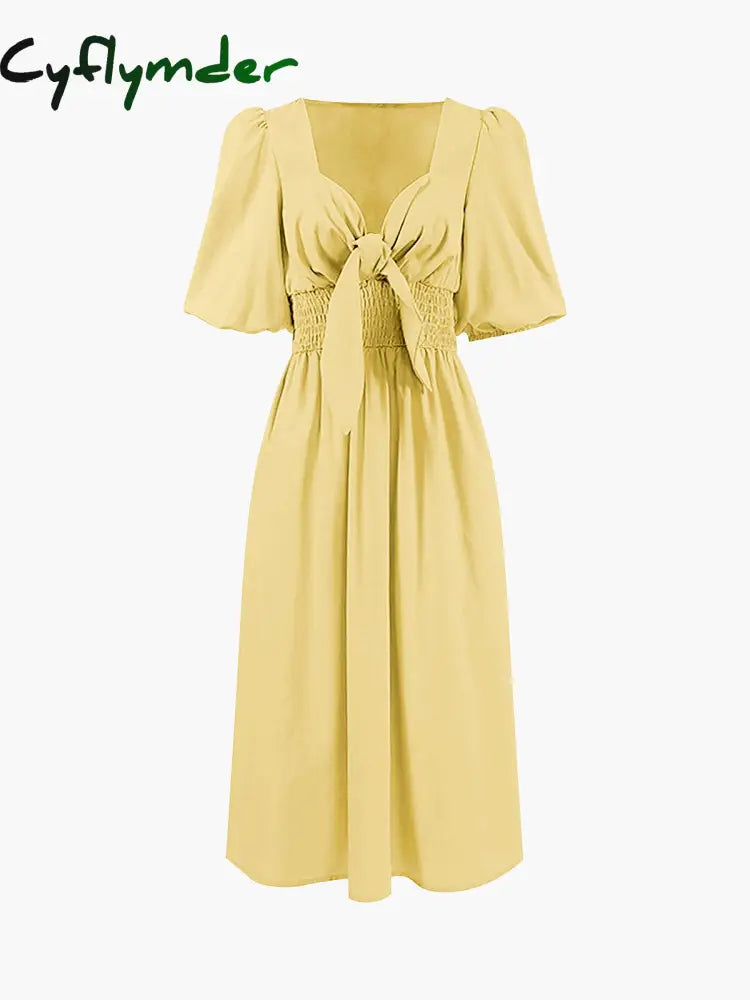 Cyflymder - Linen Cotton Front Tie Midi Dress Yellow / Xs Dresses