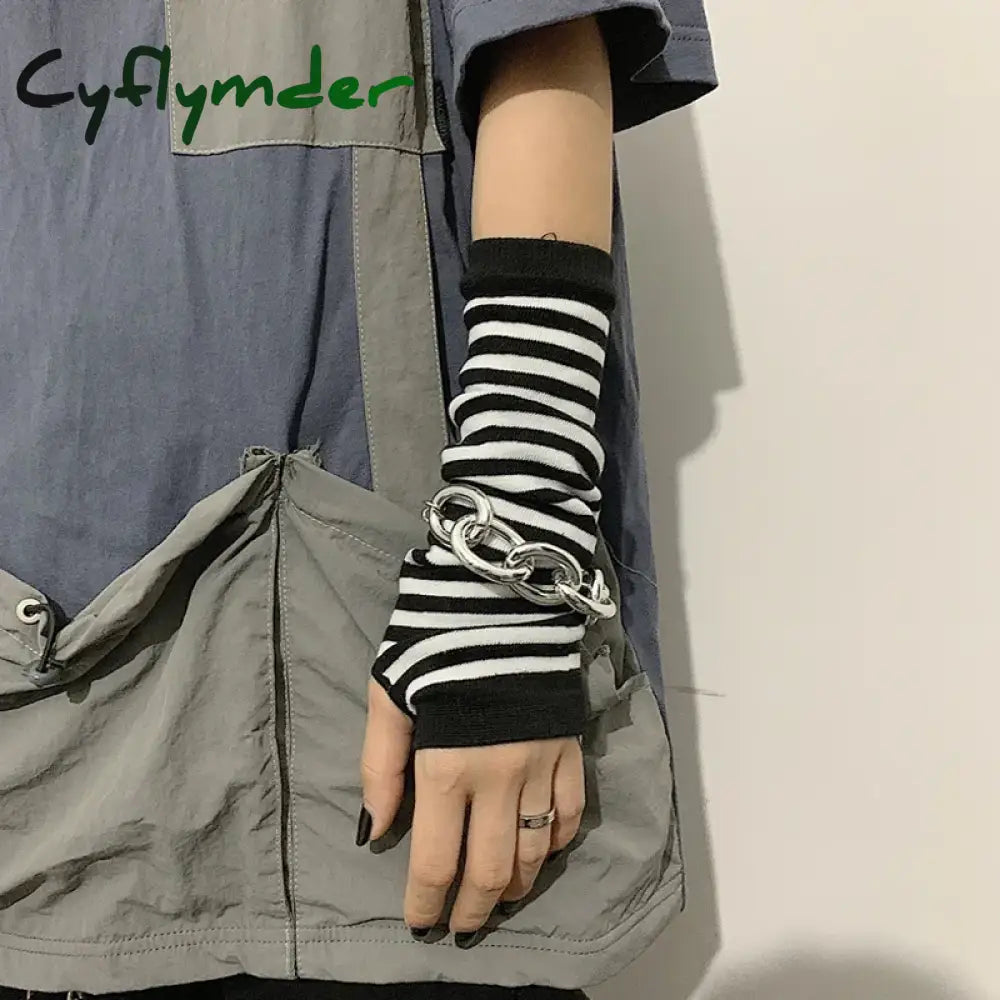 Cyflymder Long Fingerless Gloves Black Punk Cuff for Women Gothic Lolita Girls Men Hip-hop Glove Elbow Stretch Winter