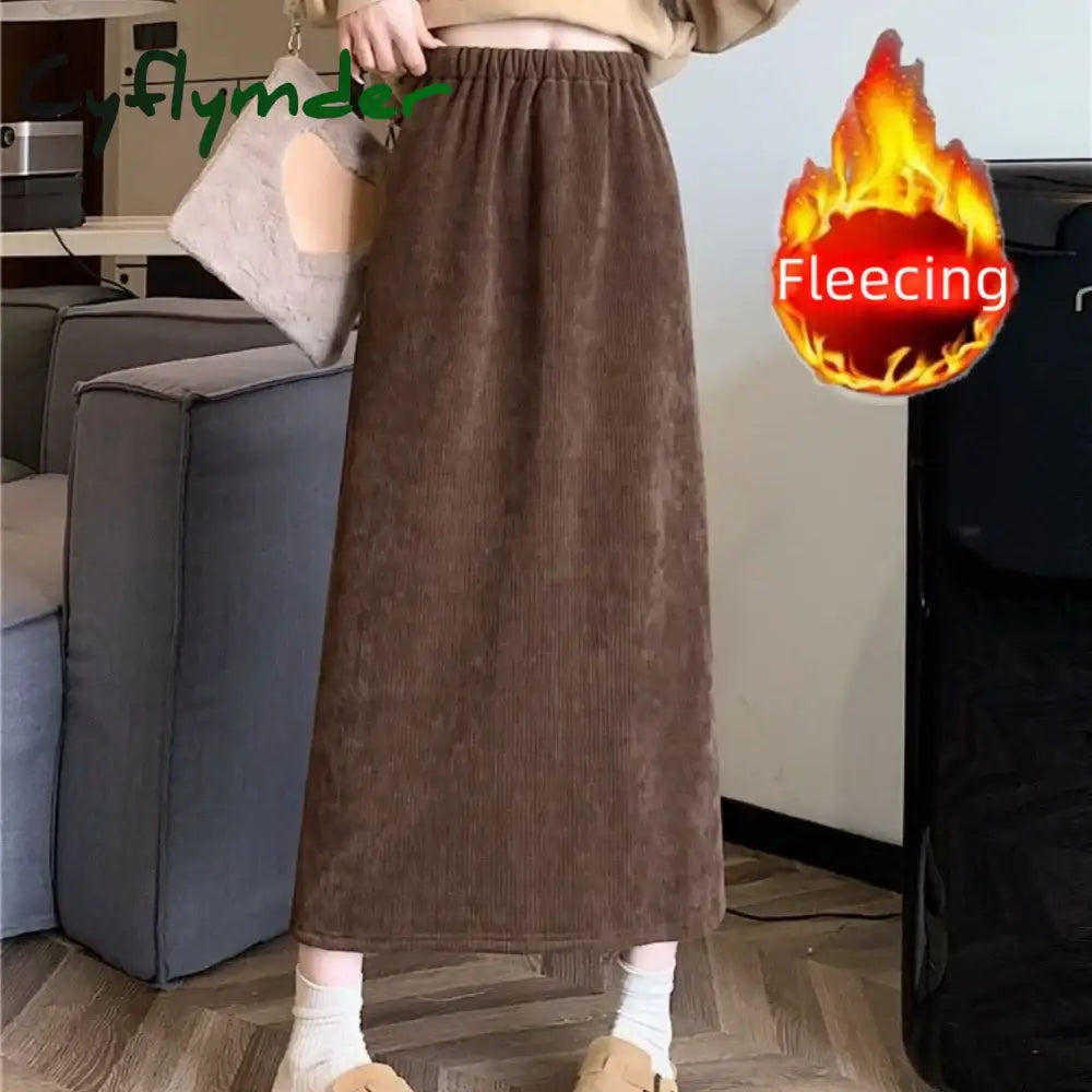 Cyflymder long skirt outfit winter New In Winter Thick Fleece Women’s Skirt Elegant Back Slit A-Line Skirt Matching