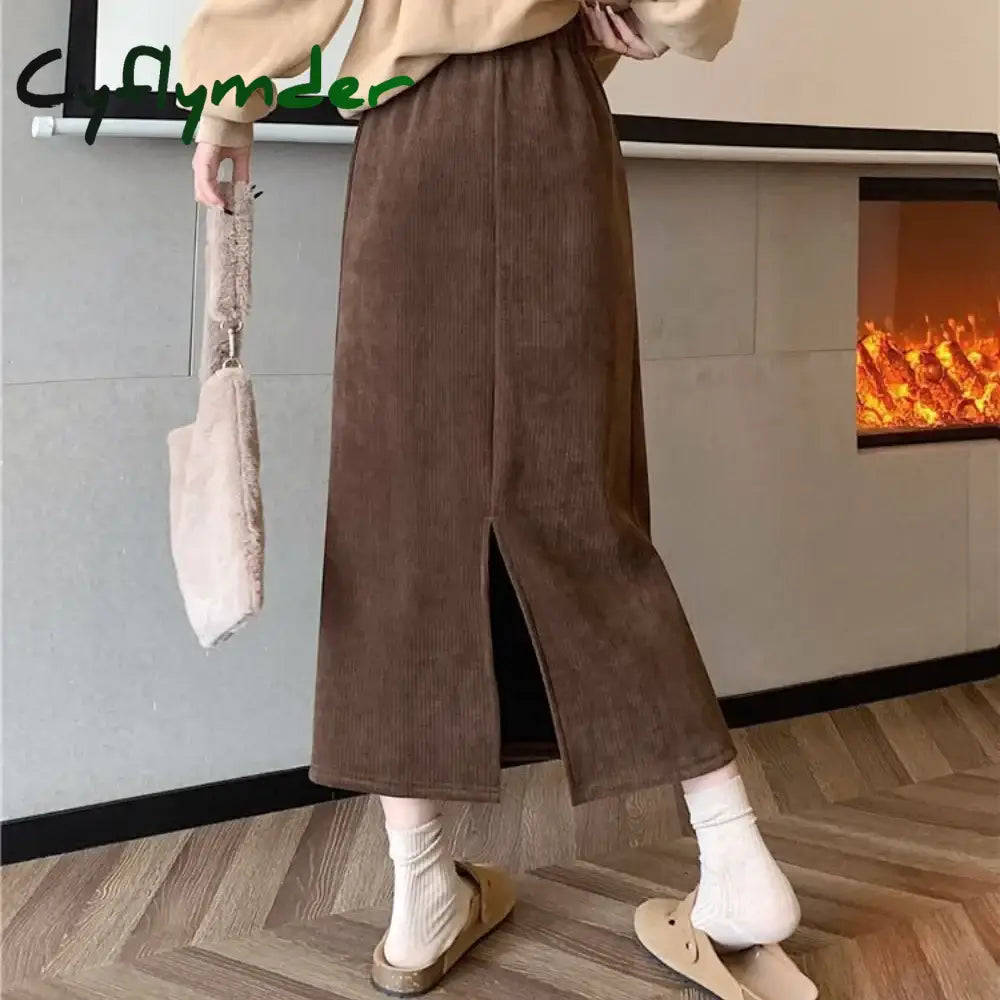 Cyflymder long skirt outfit winter New In Winter Thick Fleece Women’s Skirt Elegant Back Slit A-Line Skirt Matching