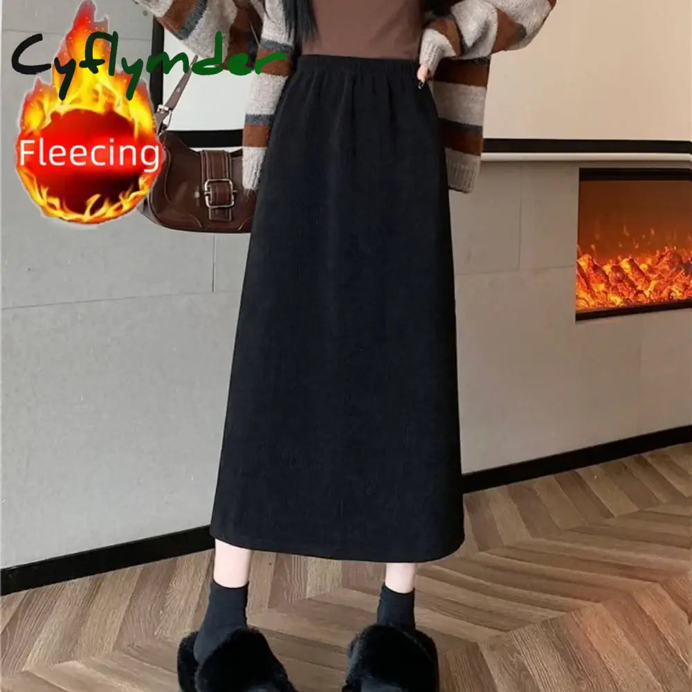 Cyflymder long skirt outfit winter New In Winter Thick Fleece Women’s Skirt Elegant Back Slit A-Line Skirt Matching