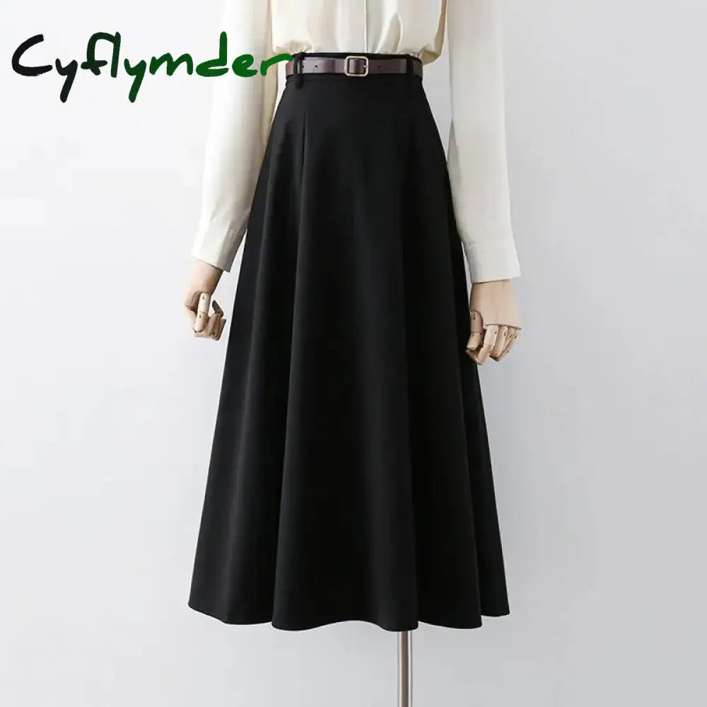 Cyflymder long skirt outfit winter Vintage Belt Woolen Midi Skirt Women Black Pleated Skirts Fall Winter Ladies Korean