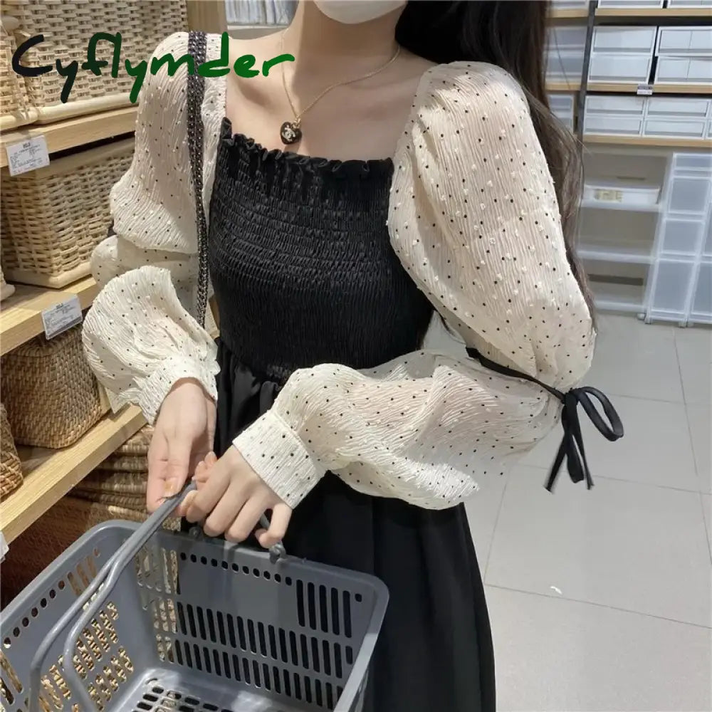 Cyflymder Long Sleeve Dress Women Square Collar Dot Patchwork Elegant Mid-Calf Casual Fashion
