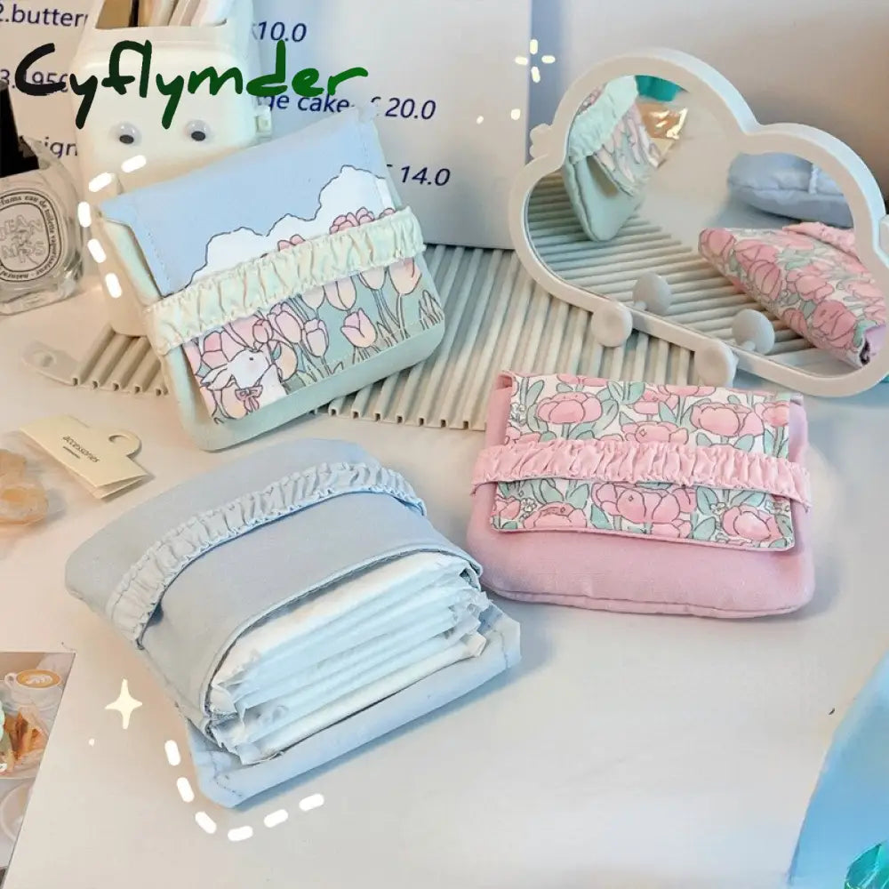 Cyflymder Lovely Sanitary Napkin Storage Bag Portable Cosmetic Flower Pattern Purse Pouch Case