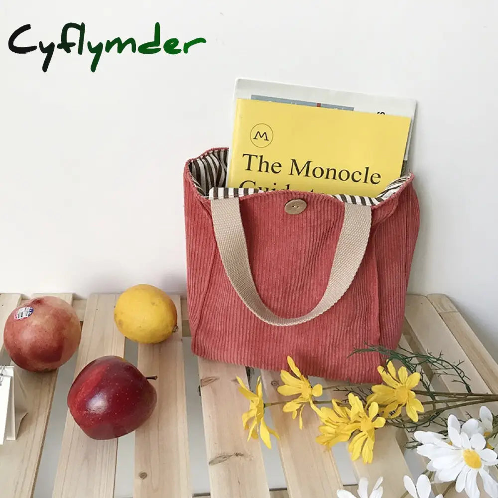 Cyflymder Lunch Bag Corduroy Canvas Box Picnic Tote Cotton Cloth Small Handbag Pouch Dinner