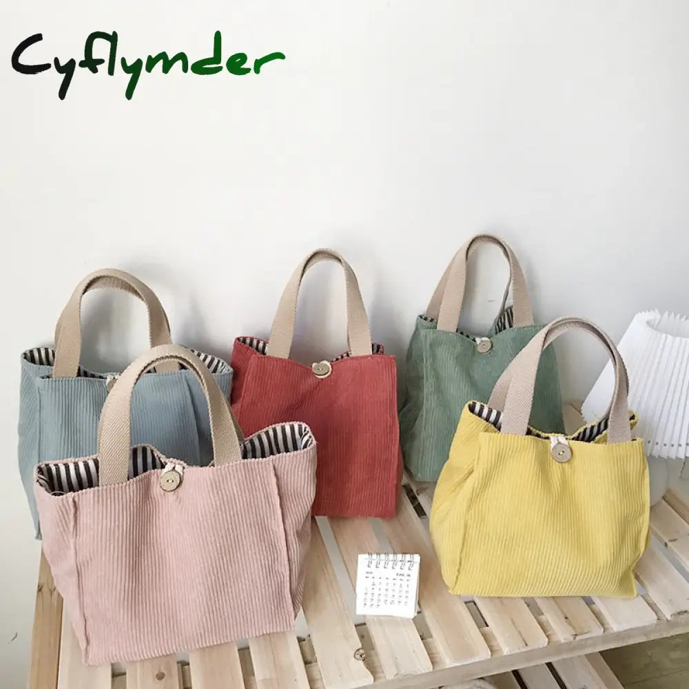 Cyflymder Lunch Bag Corduroy Canvas Box Picnic Tote Cotton Cloth Small Handbag Pouch Dinner