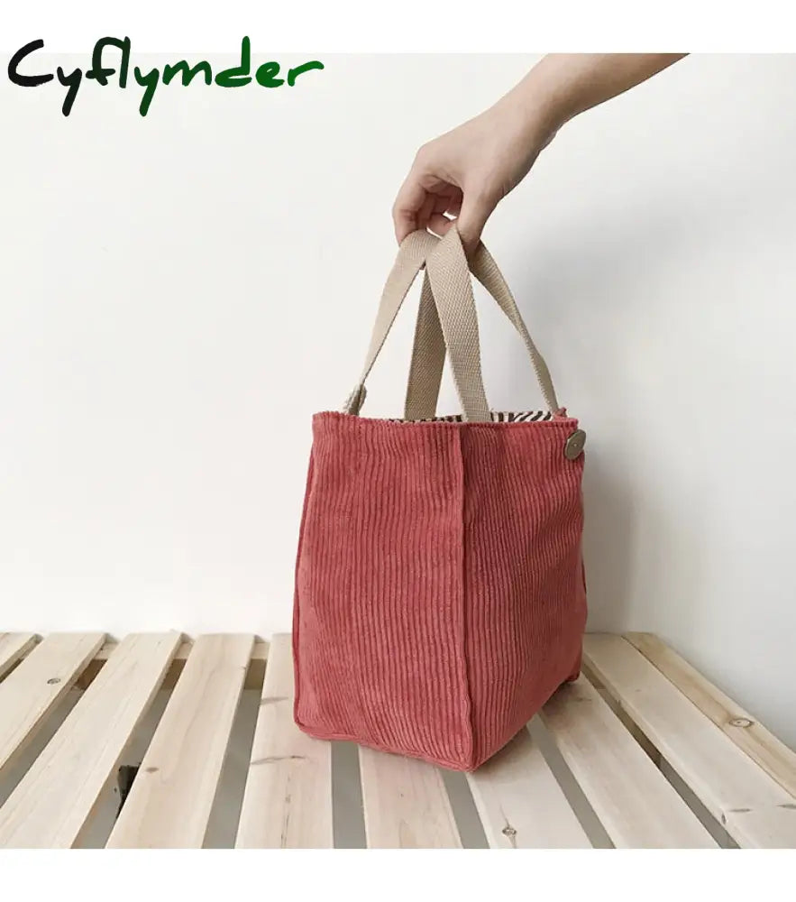 Cyflymder Lunch Bag Corduroy Canvas Box Picnic Tote Cotton Cloth Small Handbag Pouch Dinner