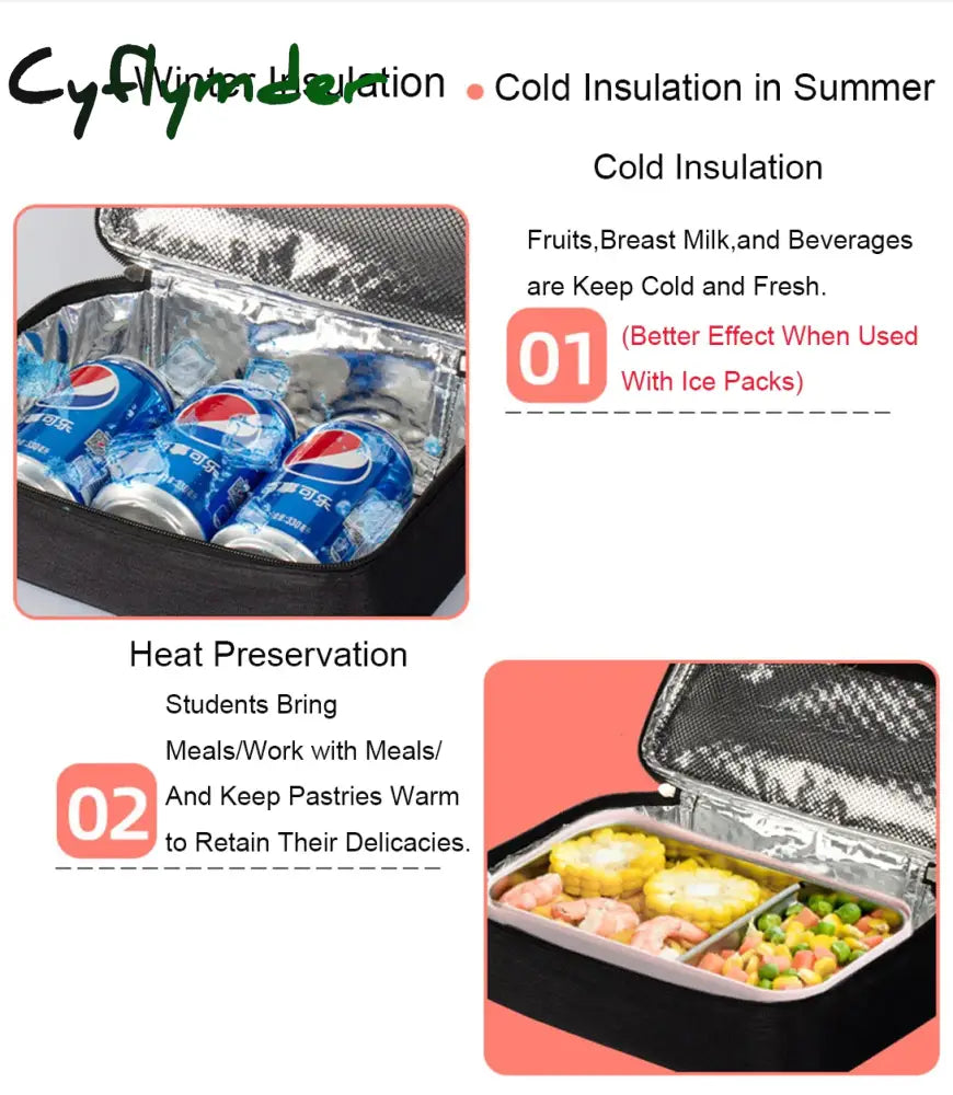 Cyflymder Lunch Bag For Women Men Small Thermal Box Insulated Portable Cooler Snack Work Picnic Blak