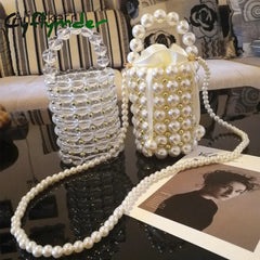 Cyflymder Luxury Big Pearl Bucket Bag Women Chic Handmade Clear Beading Evening Clutch Purses And