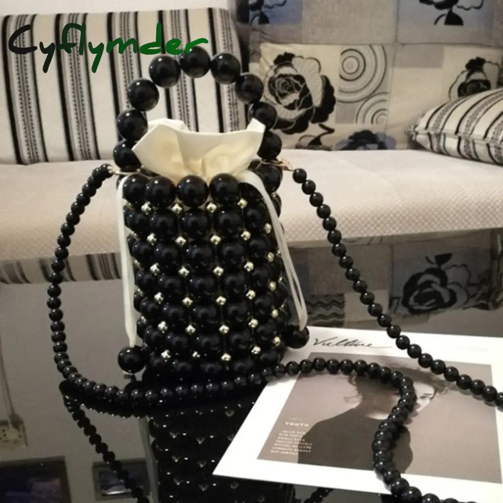 Cyflymder Luxury Big Pearl Bucket Bag Women Chic Handmade Clear Beading Evening Clutch Purses And