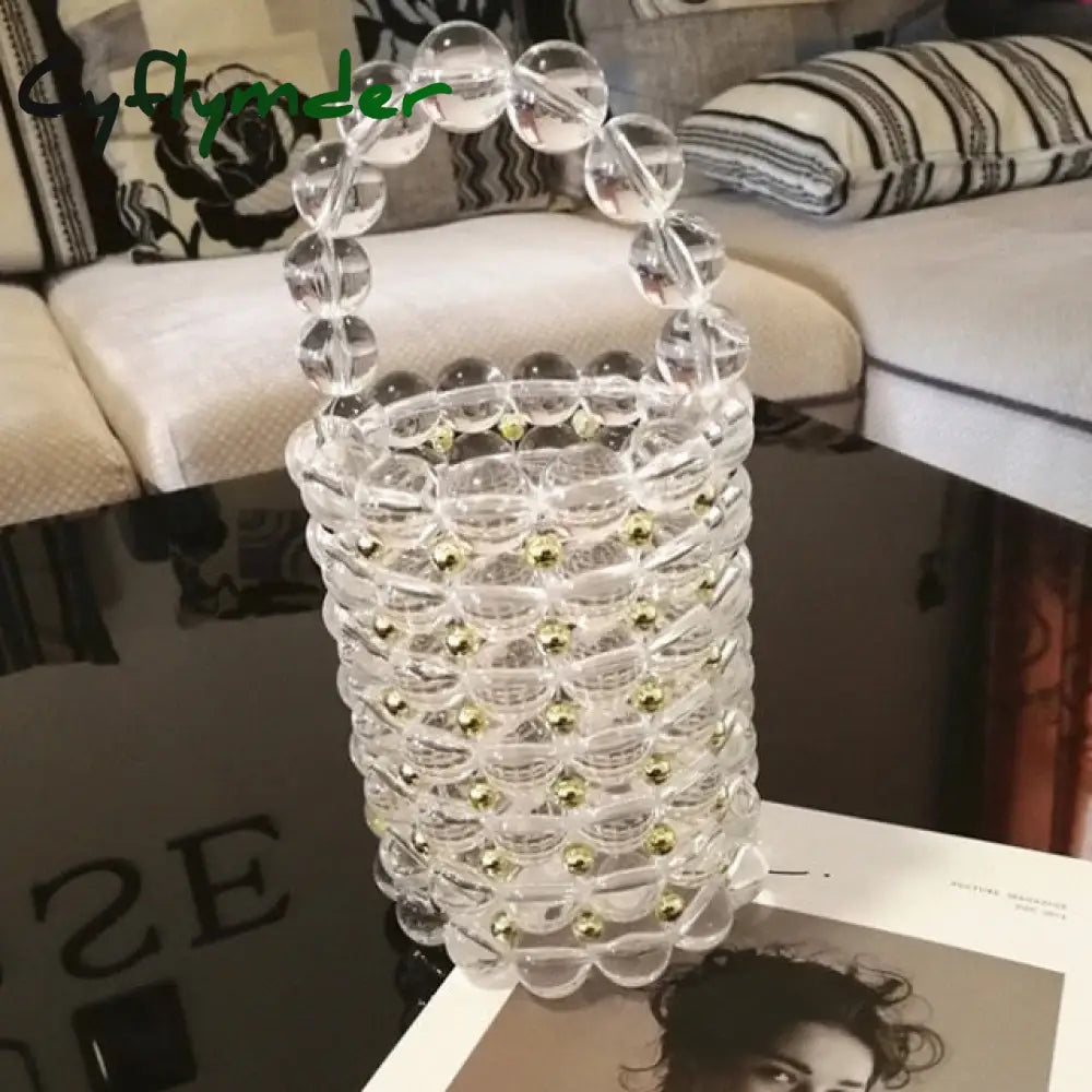 Cyflymder Luxury Big Pearl Bucket Bag Women Chic Handmade Clear Beading Evening Clutch Purses And