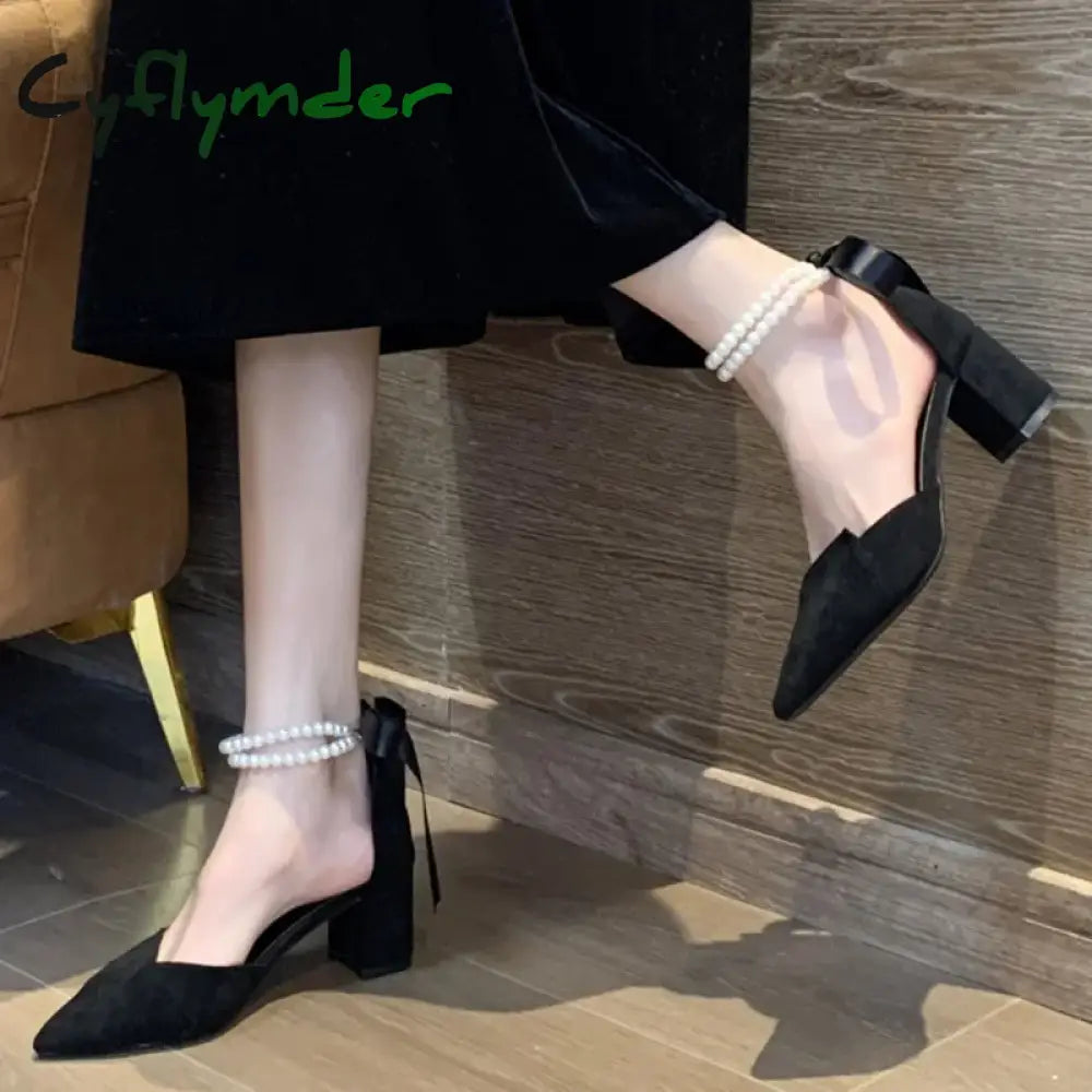 Cyflymder Luxury Pearl Strap Square Heels Pumps Women Fashion Pointed Toe Party Shoes Woman Flock