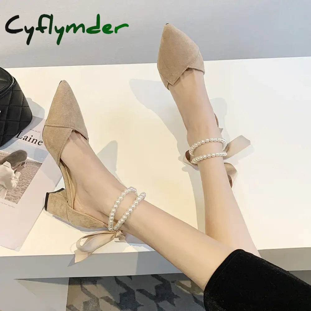 Cyflymder Luxury Pearl Strap Square Heels Pumps Women Fashion Pointed Toe Party Shoes Woman Flock