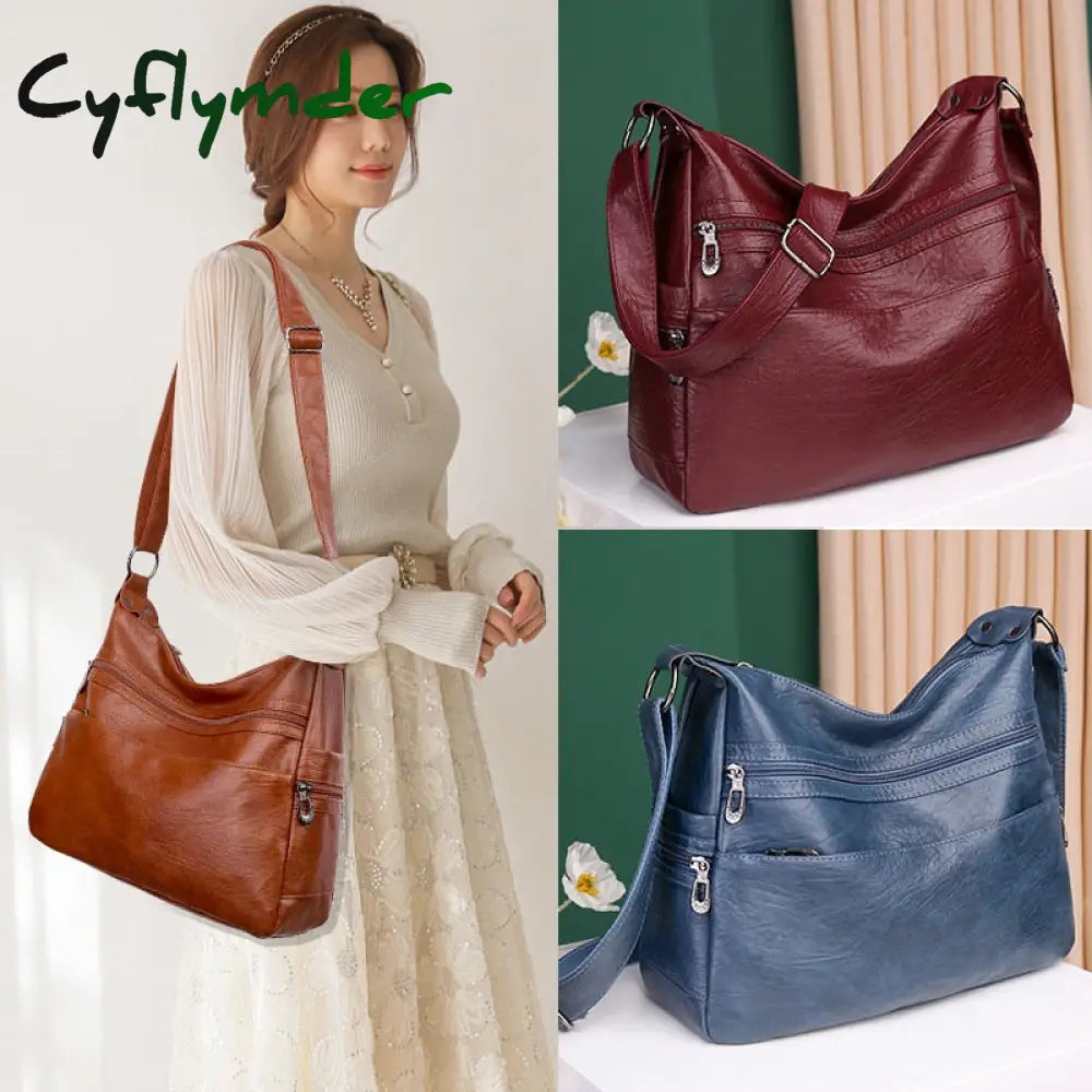 Cyflymder Luxury Pu Leather Messenger Bag Vintage Women Hand Large Soft Casual Hobo Handbag Female