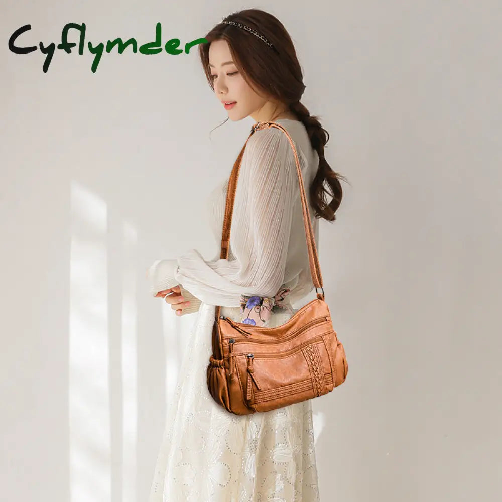 Cyflymder Luxury Shoulder Bags For Women Vintage Messenger Bag Soft Pu Leather Crossbody Brown