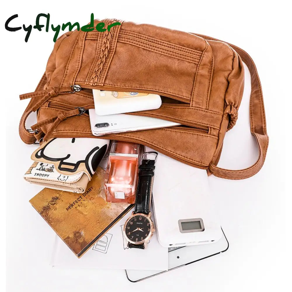 Cyflymder Luxury Shoulder Bags For Women Vintage Messenger Bag Soft Pu Leather Crossbody Brown