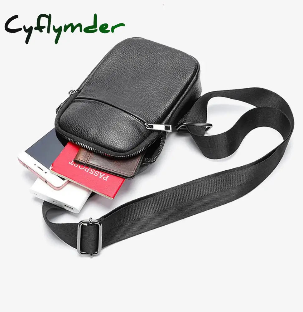Cyflymder Male Chest Bags Genuine Leather Crossbody Bag Men Sling Pack For Casual One Shoulder Black