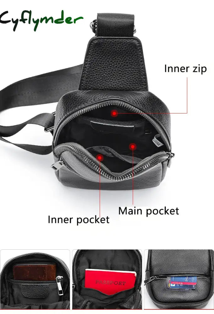 Cyflymder Male Chest Bags Genuine Leather Crossbody Bag Men Sling Pack For Casual One Shoulder Black
