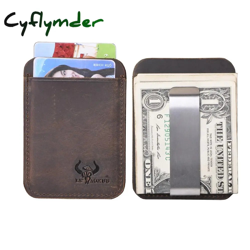 Cyflymder Male Genuine Leather Design Fashion Slim Wallet Front Pocket Money Clip Mini Bill Purse