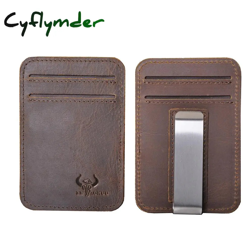 Cyflymder Male Genuine Leather Design Fashion Slim Wallet Front Pocket Money Clip Mini Bill Purse