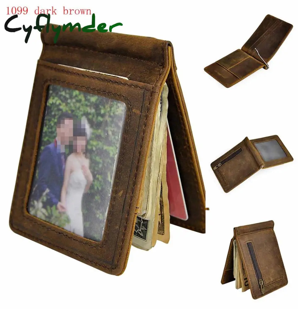 Cyflymder Male Genuine Leather Design Fashion Slim Wallet Front Pocket Money Clip Mini Purse For