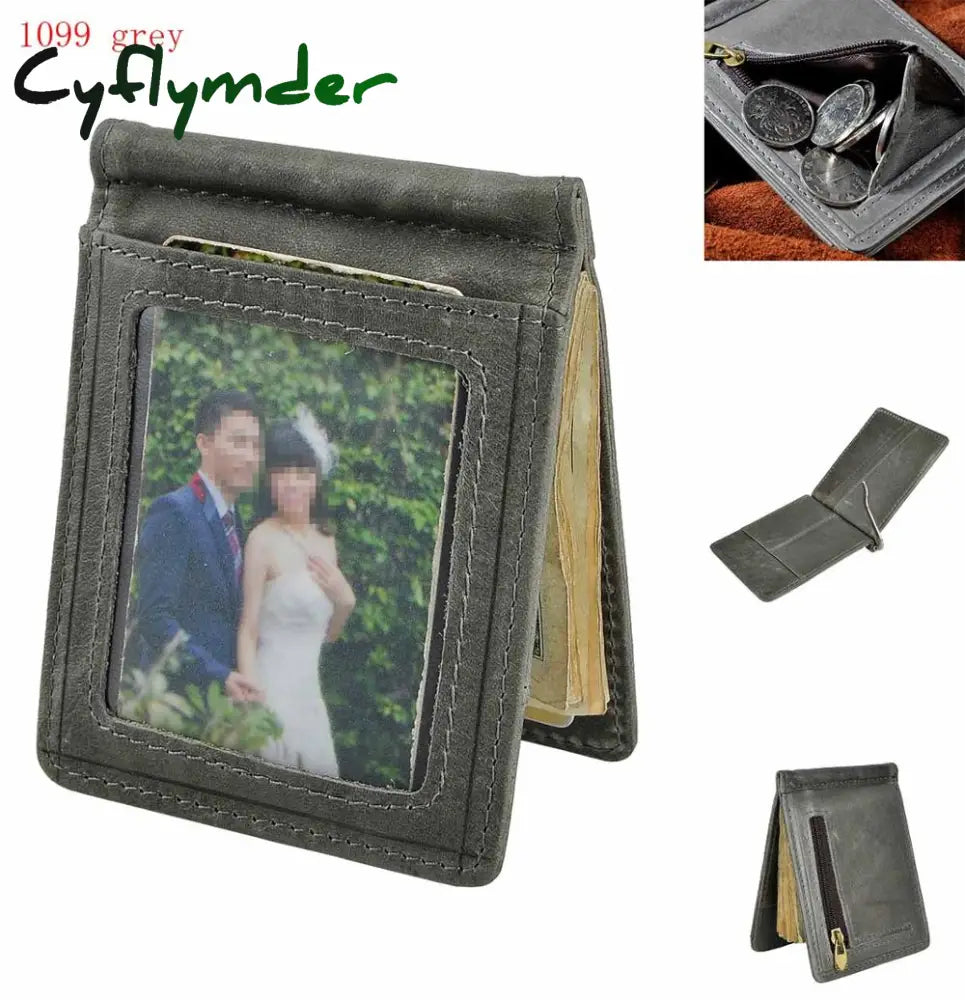 Cyflymder Male Genuine Leather Design Fashion Slim Wallet Front Pocket Money Clip Mini Purse For