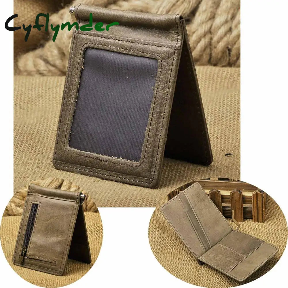 Cyflymder Male Genuine Leather Design Fashion Slim Wallet Front Pocket Money Clip Mini Purse For