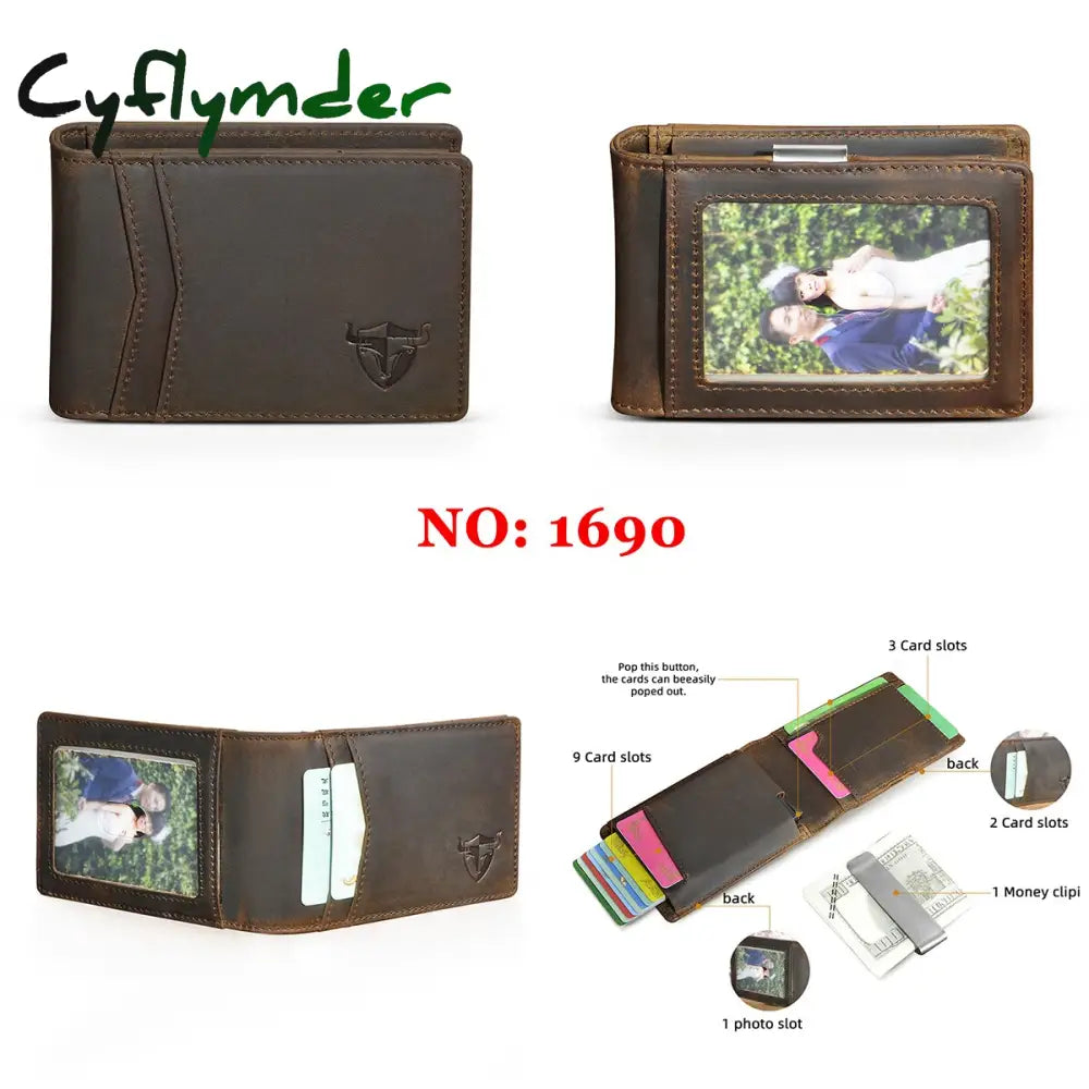 Cyflymder Male Genuine Leather Design Fashion Slim Wallet Front Pocket Money Clip Mini Purse For