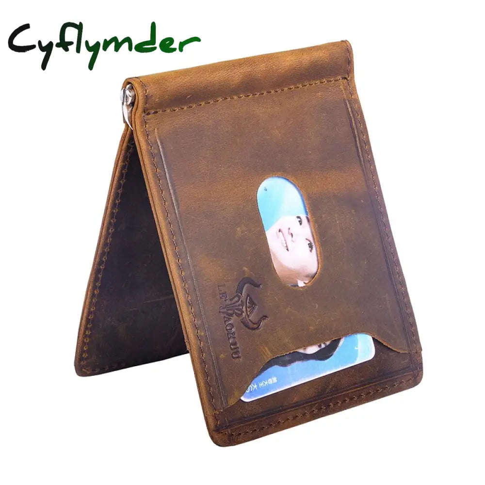 Cyflymder Male Genuine Leather Design Fashion Slim Wallet Front Pocket Money Clip Mini Purse For