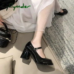 Cyflymder Mary Janes Office Ladies Solid Elegant Vintage Black Sandals Woman Buckle Non-Slip Casual Medium Heels Heels