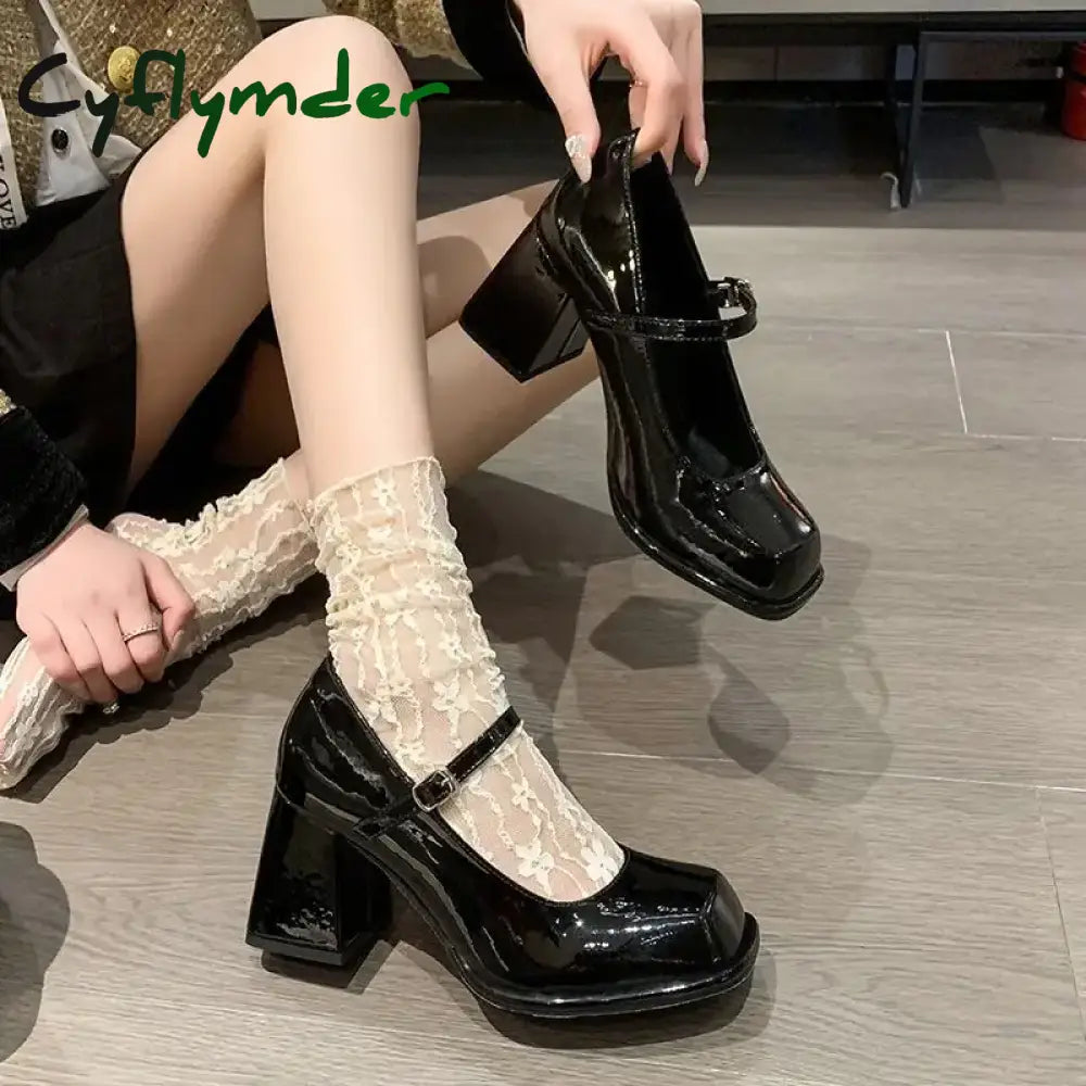 Cyflymder Mary Janes Office Ladies Solid Elegant Vintage Black Sandals Woman Buckle Non-Slip Casual Medium Heels Heels